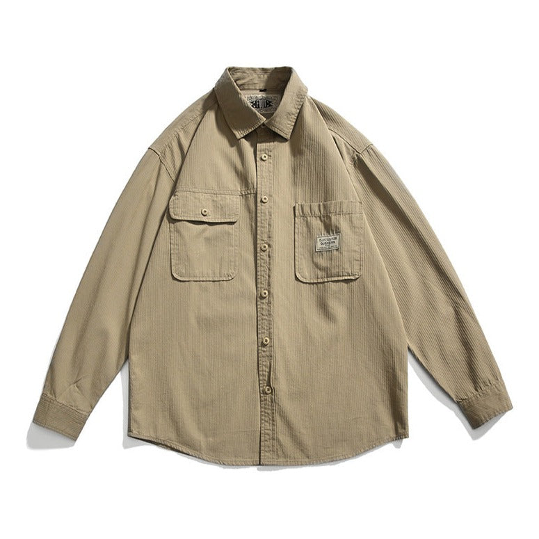 Retro plain pocket long sleeve shirt in four colors