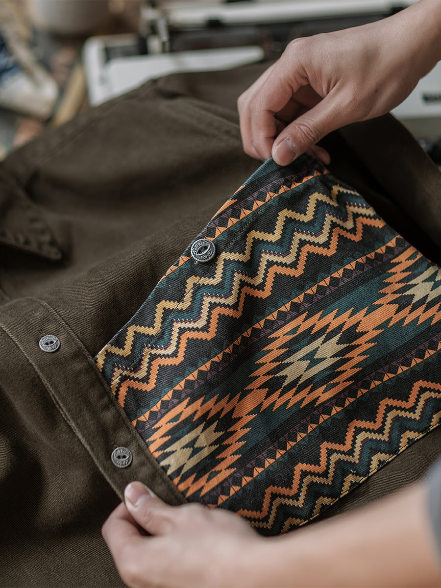 Twill shirt jacket with American Indian totem pocket