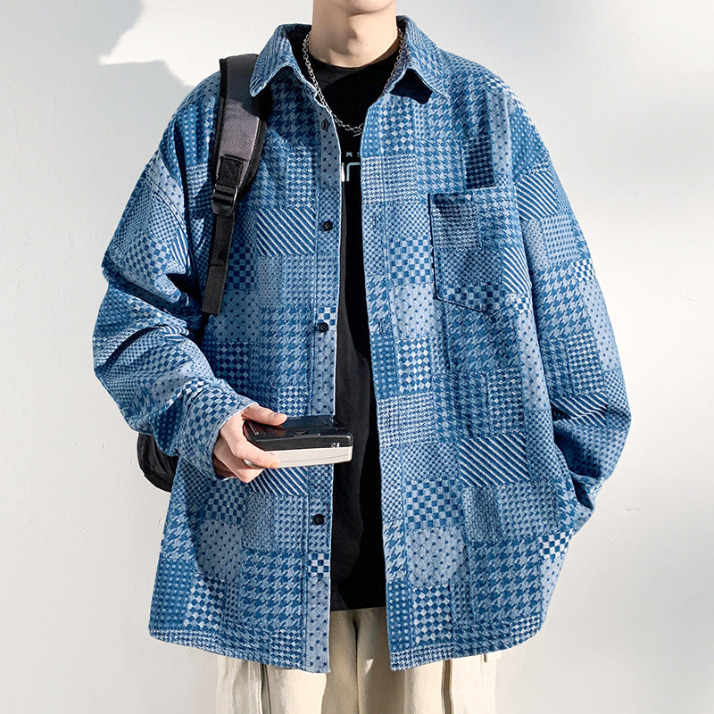 Boro-style jacquard yarn-dyed long-sleeve check pattern denim work shirt