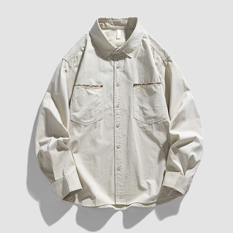 Embroidered plain cotton long-sleeved shirt