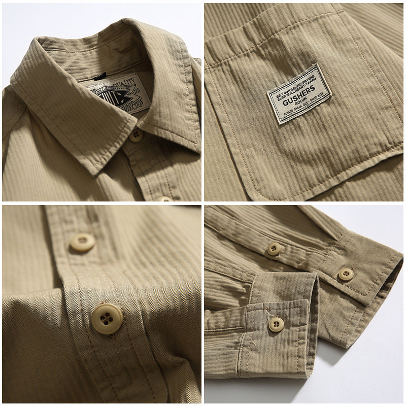 Retro plain pocket long sleeve shirt in four colors