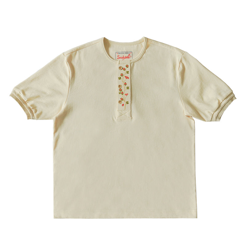 Navajo & Floral Embroidery 2-Pattern Heavyweight Henley Neck T-Shirt