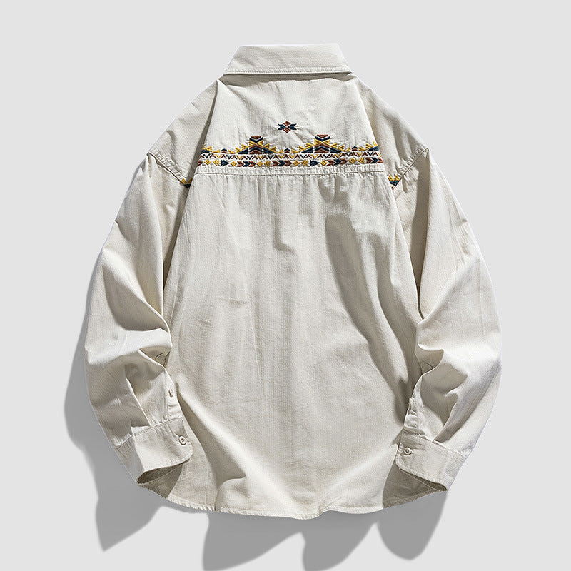 Embroidered plain cotton long-sleeved shirt