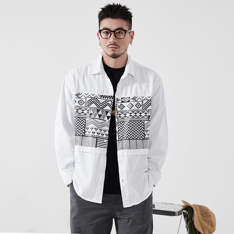 Retro cotton print long sleeve shirt