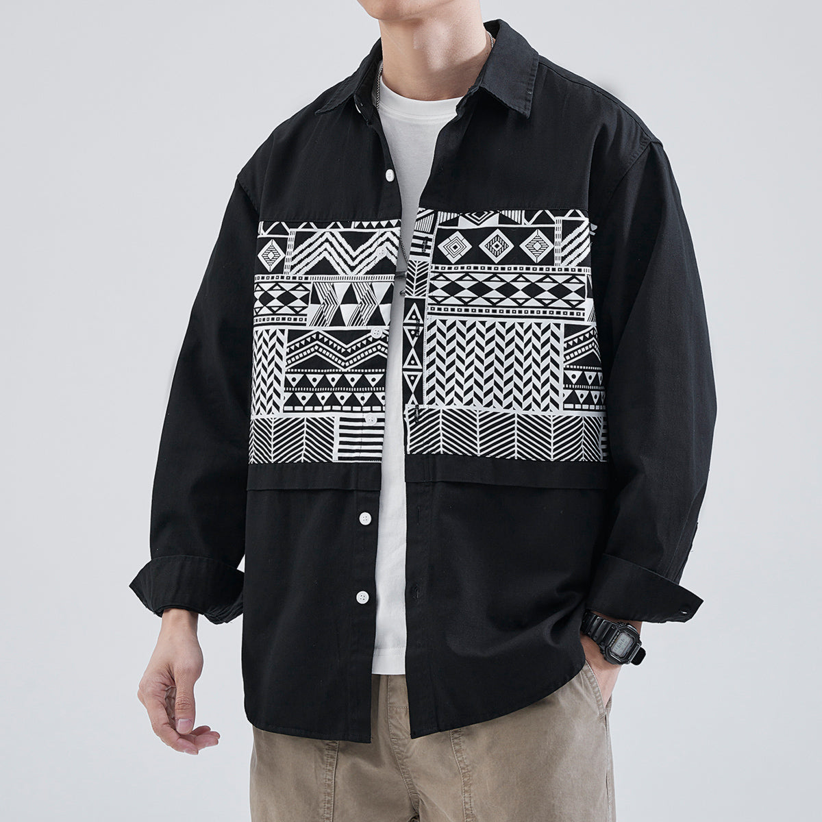 Retro cotton print long sleeve shirt