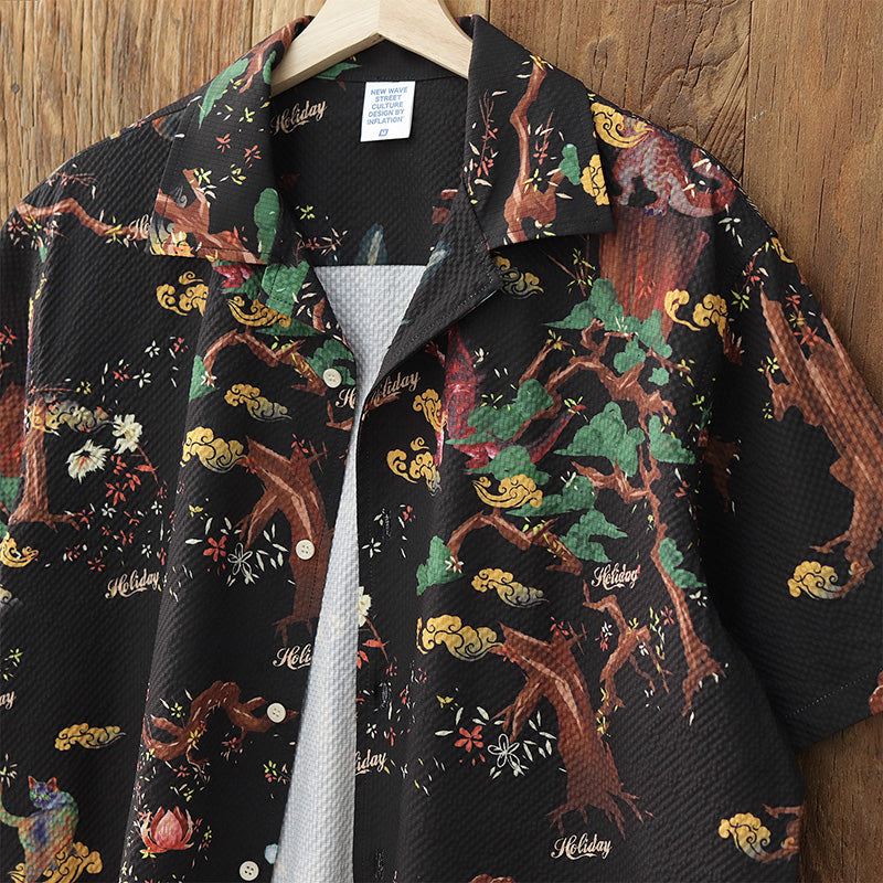 Black Vintage Loose Hawaiian Beach Shirt