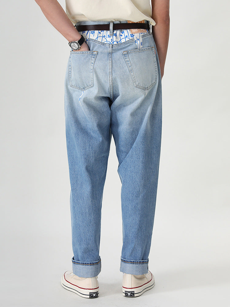 Gradation red selvage denim pants with back print