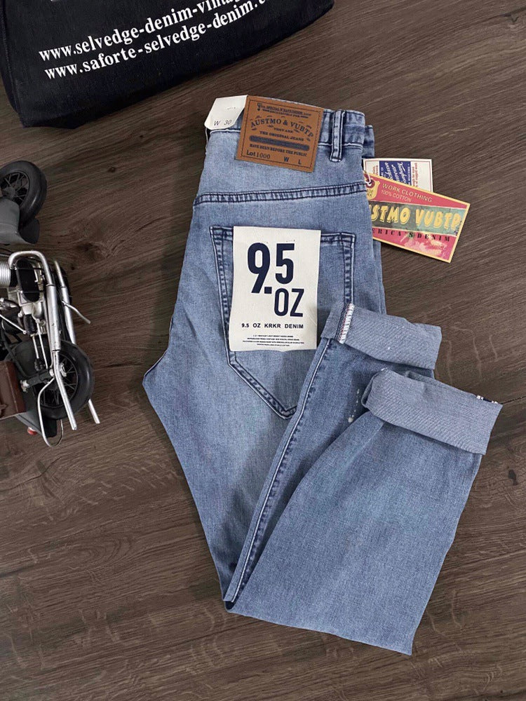 Painted and distressed washed red selvedge denim pants