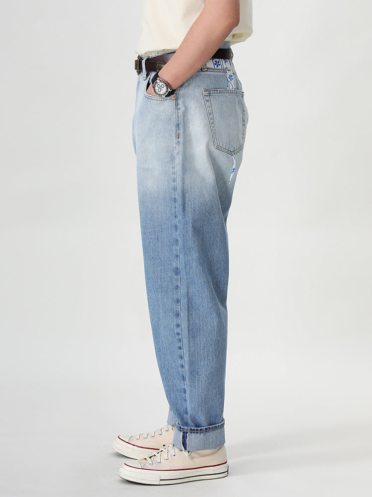 Gradation red selvage denim pants with back print