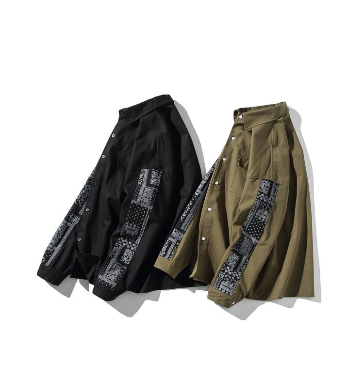 【M~5XL】民族調切り替えレトロ長袖シャツ