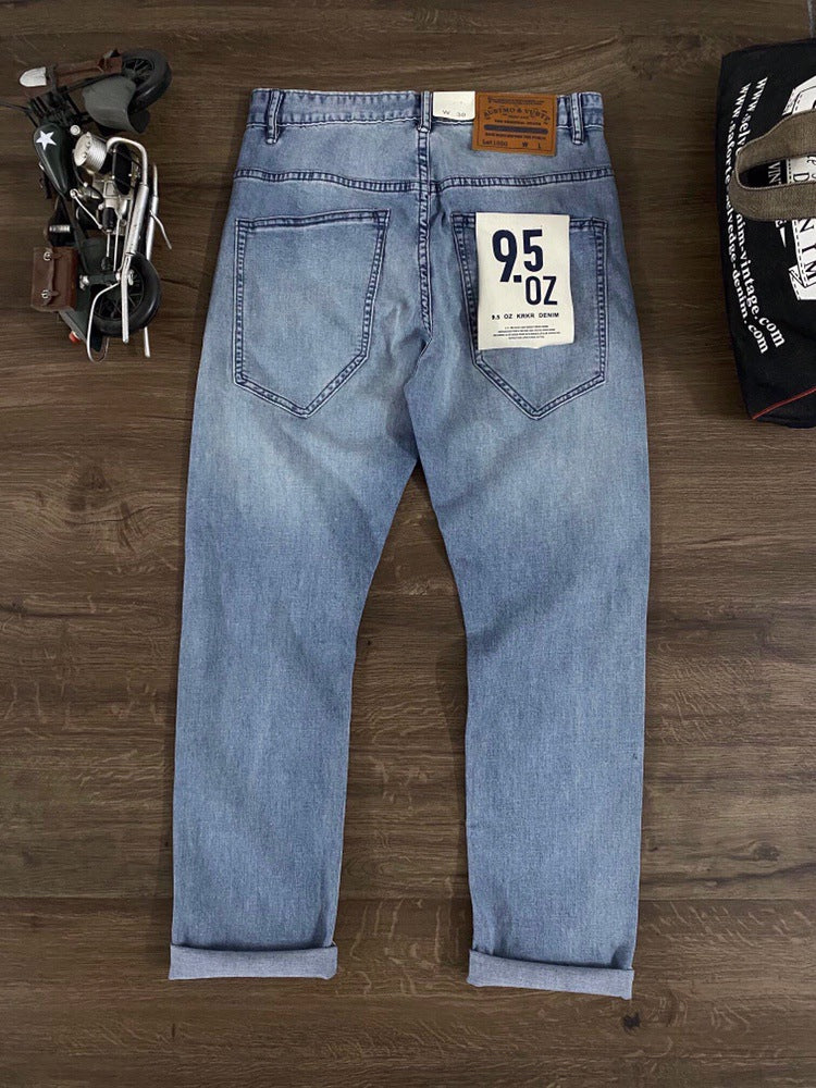 Painted and distressed washed red selvedge denim pants