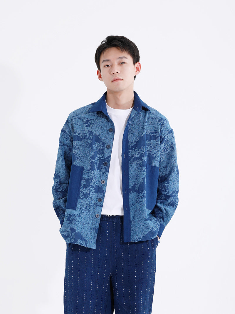 Artisan Handmade "Landscape" Jacquard Plant Indigo Dyed Long Sleeve Shirt