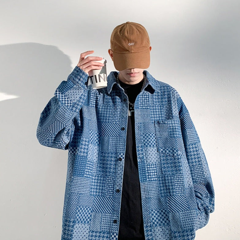 Boro-style jacquard yarn-dyed long-sleeve check pattern denim work shirt