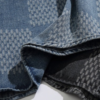 Boro-style jacquard yarn-dyed denim work shirt