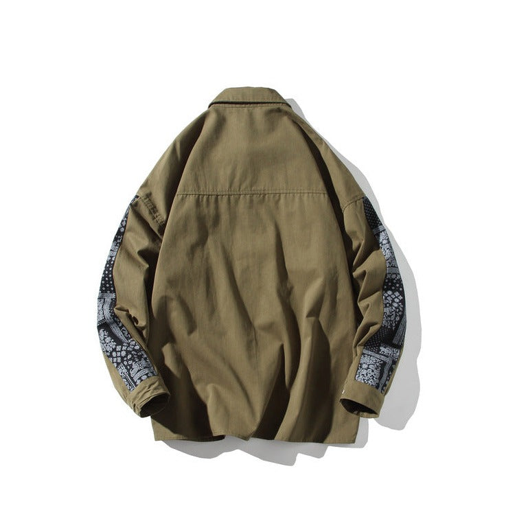 【M~5XL】民族調切り替えレトロ長袖シャツ