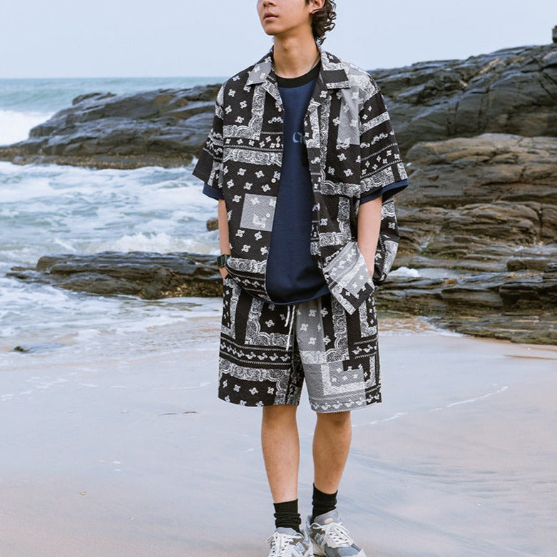 【二点セット】ペイズリー総柄シアサッカーキューバシャツ&ショーツ