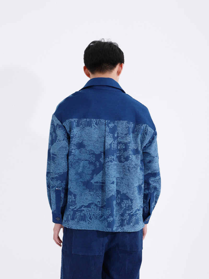 Artisan Handmade "Landscape" Jacquard Plant Indigo Dyed Long Sleeve Shirt