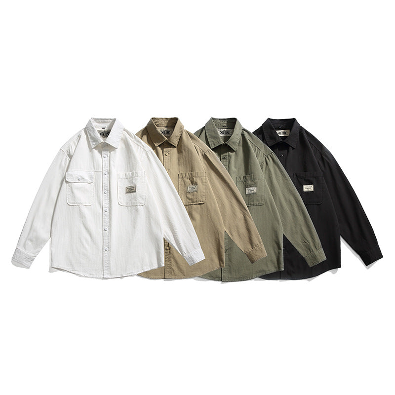 Retro plain pocket long sleeve shirt in four colors