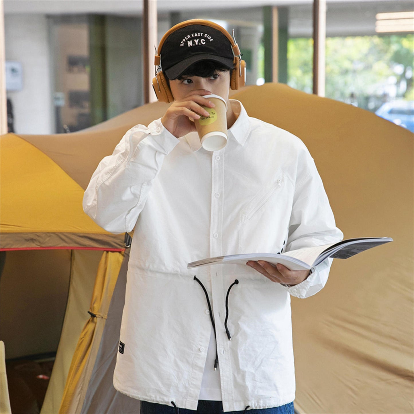 Drawstring lapel collar work shirt