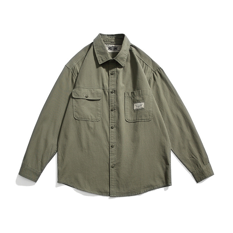 Retro plain pocket long sleeve shirt in four colors
