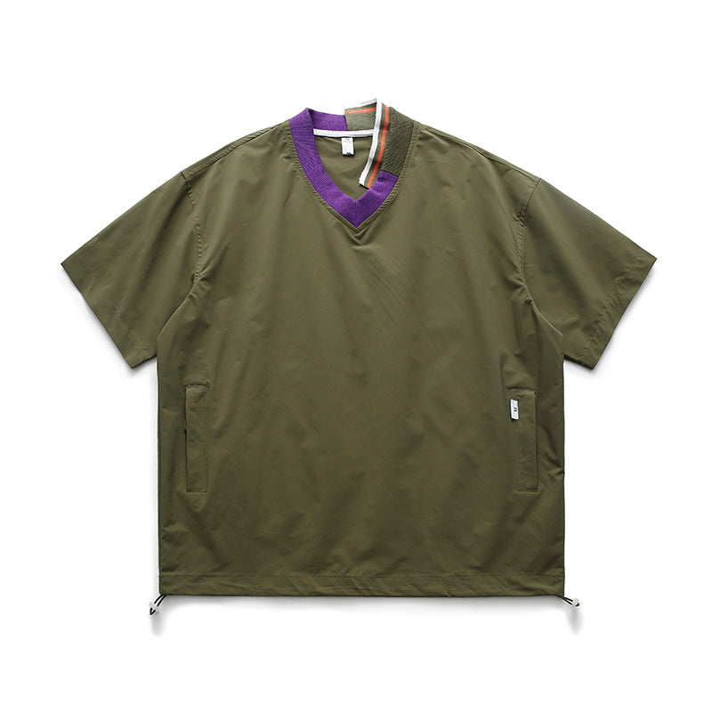 Panel collar waist drawstring T-shirt
