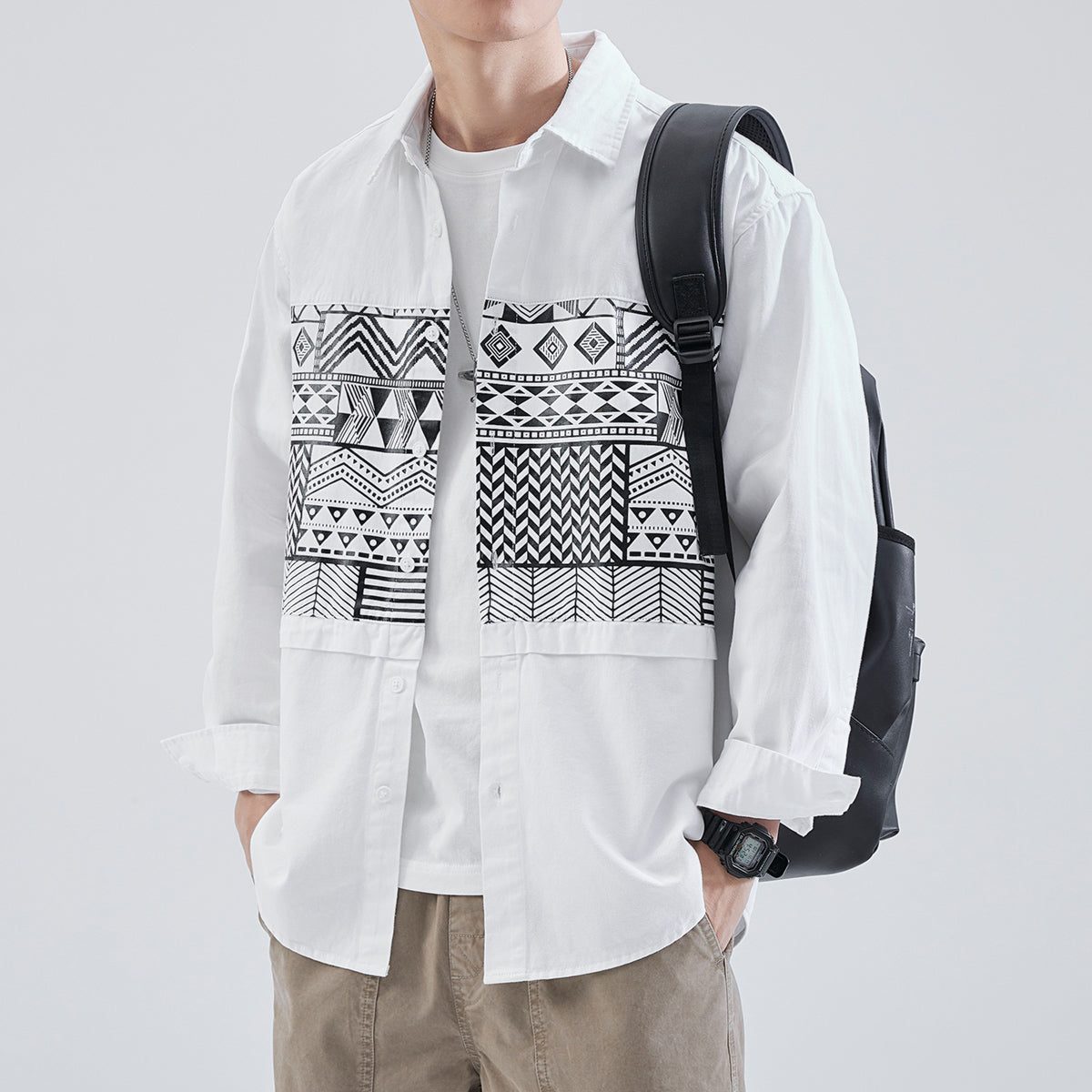 Retro cotton print long sleeve shirt