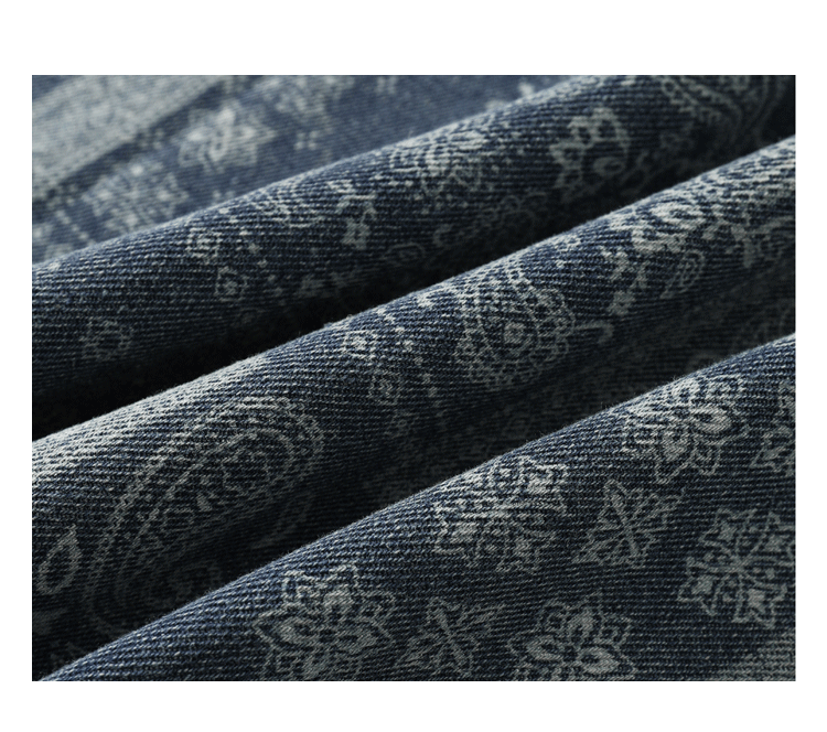 Paisley pattern baseball collar short sleeve denim shirt