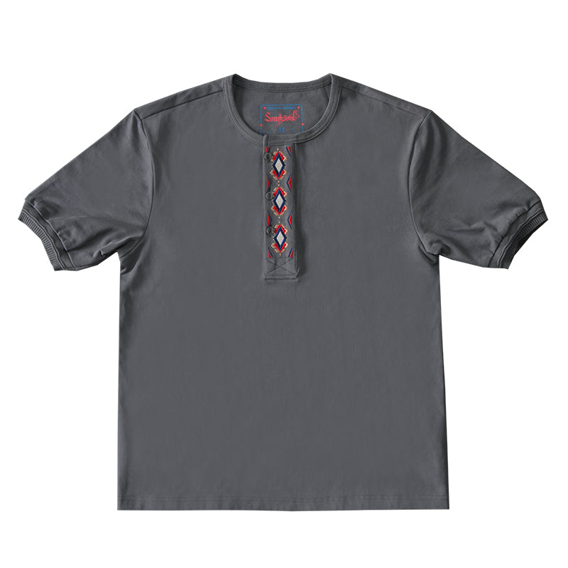 Navajo & Floral Embroidery 2-Pattern Heavyweight Henley Neck T-Shirt