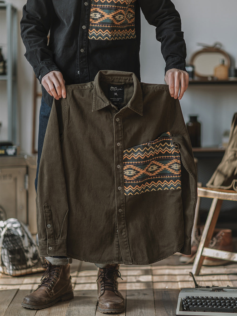 Twill shirt jacket with American Indian totem pocket