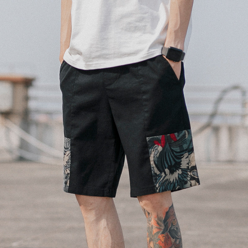 Ethnic jacquard patchwork denim shorts