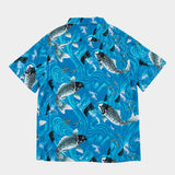 「鯉」プリント夏のブルーアロハシャツ