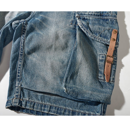 1970's　革バックル付けウォッシュ加工デニムショーツ　