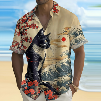 浮世絵風猫柄プリント入り半袖シャツ