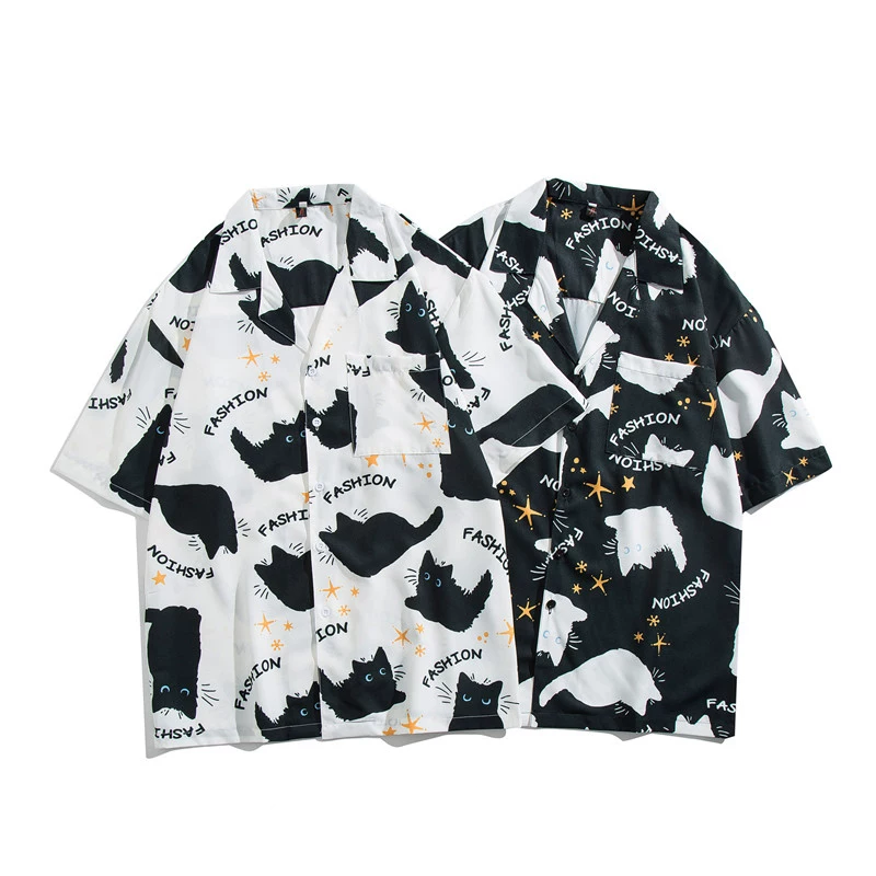 ゆったり感猫プリント半袖シャツ3色