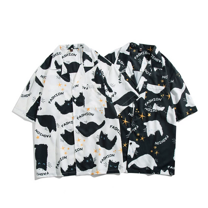 ゆったり感猫プリント半袖シャツ3色