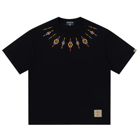 夏新作刺繍ワッペン入り民族調Ｔシャツ
