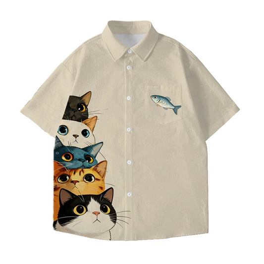 前後アシンメトリー猫プリント半袖シャツ
