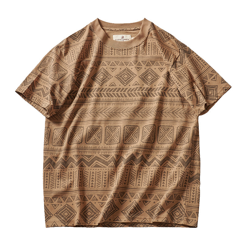 エスニック調　幾何学総柄プリントTシャツ