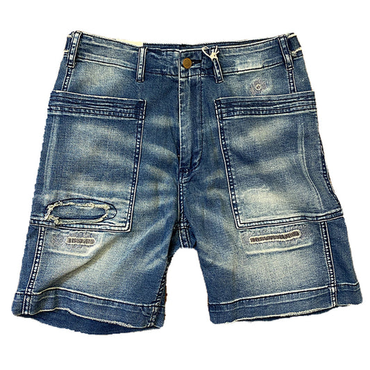 Distressed washed denim shorts