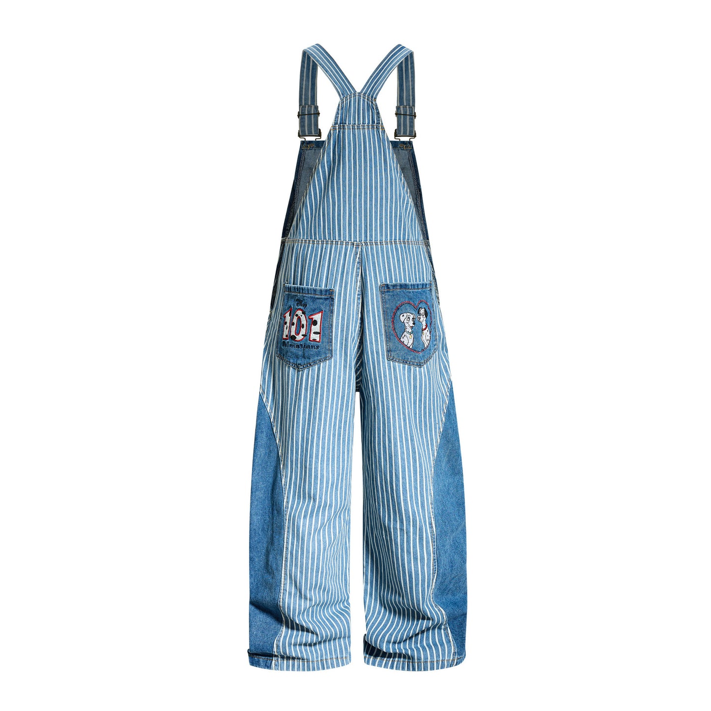キャラクター刺繍　ツートンストライプ柄オーバーオール