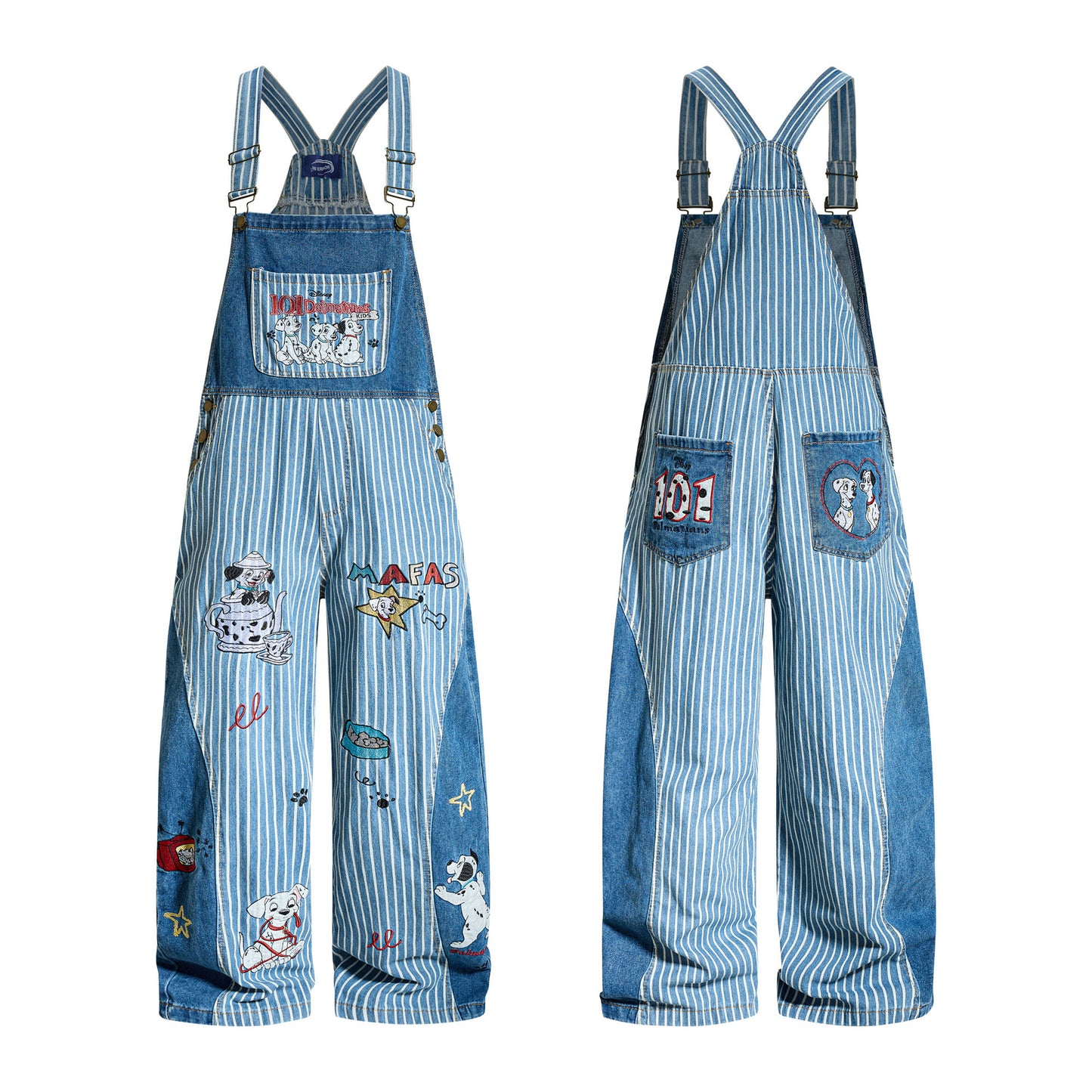 キャラクター刺繍　ツートンストライプ柄オーバーオール