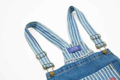 キャラクター刺繍　ツートンストライプ柄オーバーオール