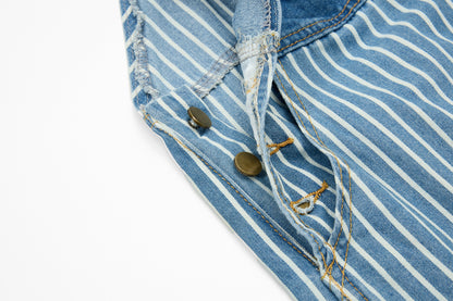 キャラクター刺繍　ツートンストライプ柄オーバーオール