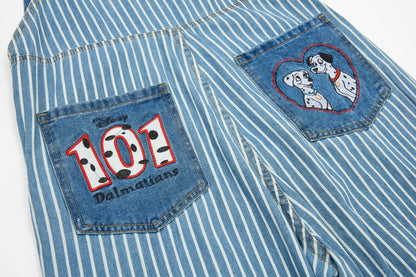 キャラクター刺繍　ツートンストライプ柄オーバーオール