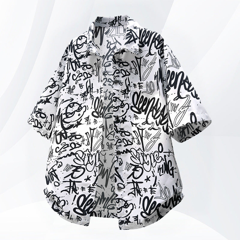 3色展開　イラスト半袖折り襟シャツ