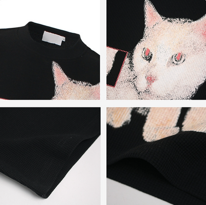 猫プリント半袖ワッフルＴシャツ黒
