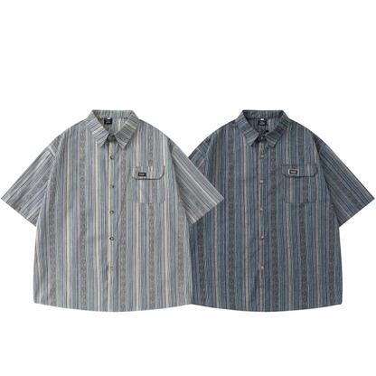 定番ポケット付きストラップ柄半袖シャツ