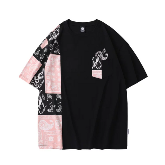 ペイズリー柄柄切り替えコットンＴシャツ