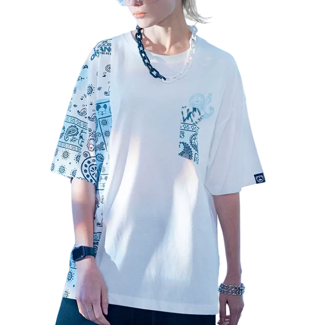 ペイズリー柄柄切り替えコットンＴシャツ