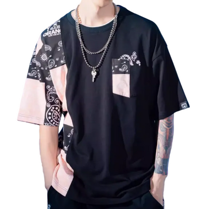 ペイズリー柄柄切り替えコットンＴシャツ